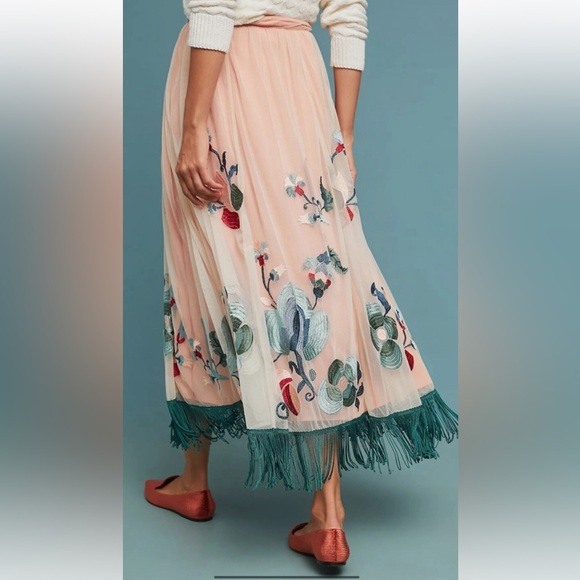 Anthropologie Akemi + Kin Embroidered Floral Tulle Maxi Skirt with Fringe Hem 14 - Picture 14 of 15